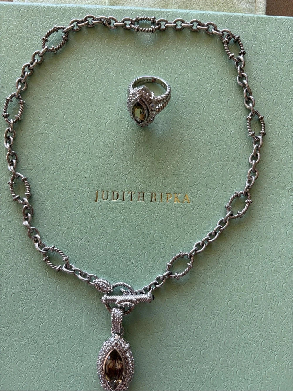 Judith Ripka Sterling Silver And Olive Quartz Necklace & Ring Set